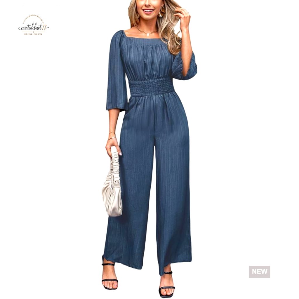 Women's Jumpsuit 3/4 Sleeve Square Neck Wide Leg Romper Fall Outfit